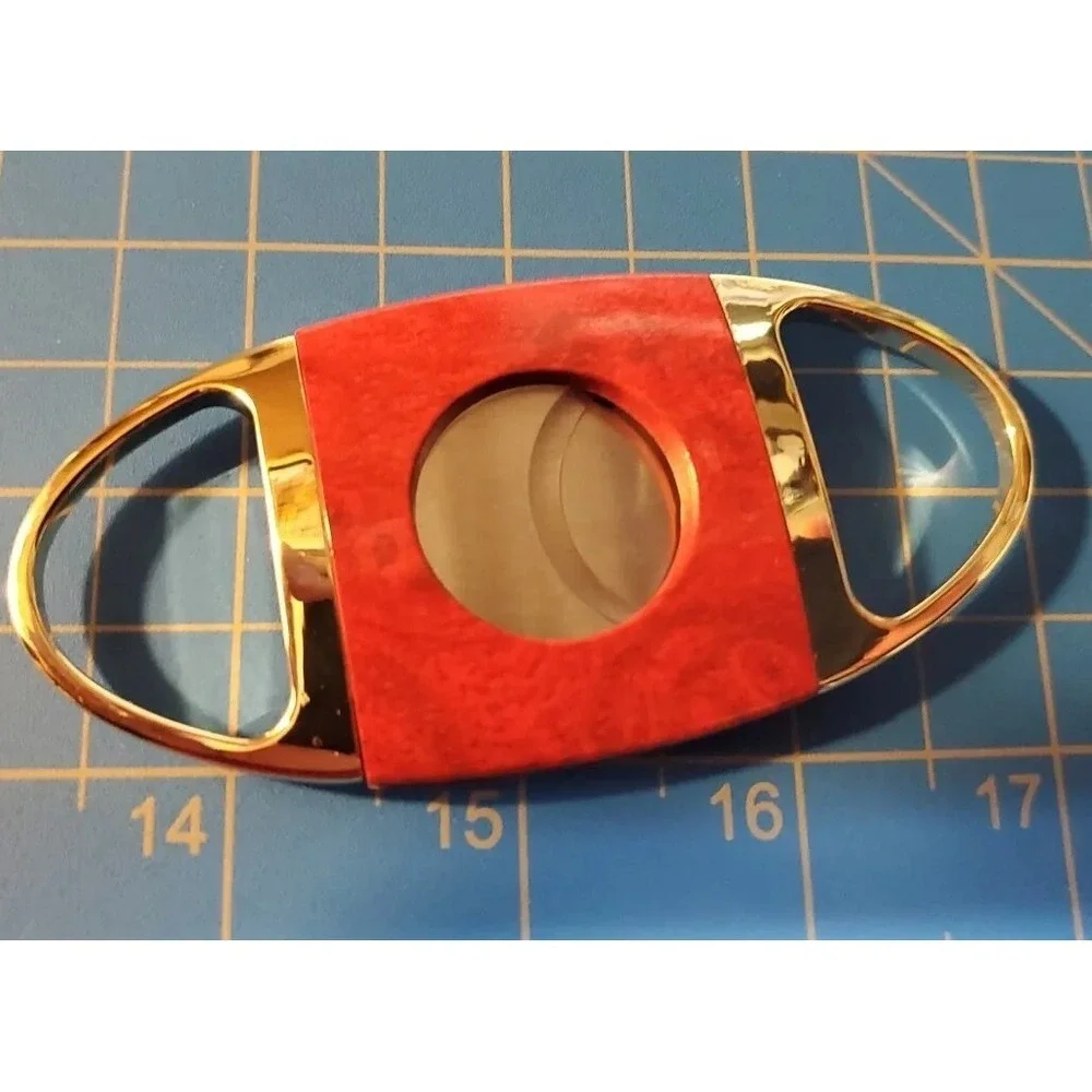 Cigar Cutter Polished Metal, Straight Cut, Double Stainless Steel Gold Mahogany